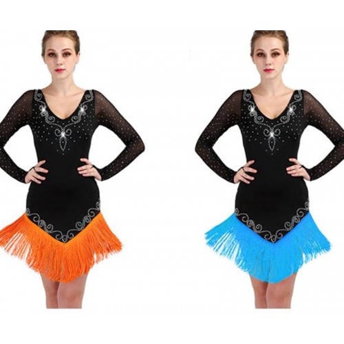 Turquoise orange Fringe latin dance dresses with diamond for women girls long sleeves v neck latin dance performance costume ballroom competition clothes for lady